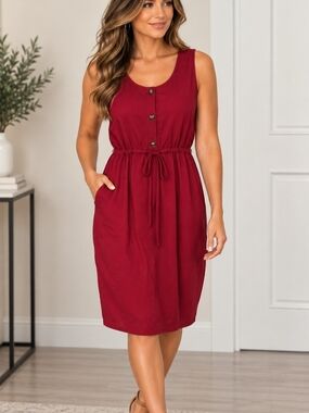Sleeveless Burgandy Drawstring Button-Front Dress